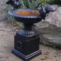 Best Cast Iron Swans Large Urn & Pedestal - Black Outdoor Furniture