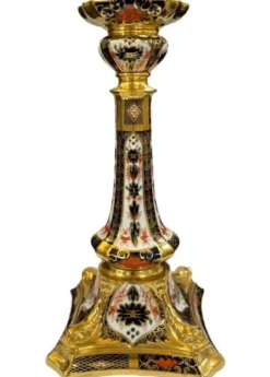New Royal Crown Derby Old Imari Solid Gold Band Dolphin Candlestick - Large Royal Crown Derby