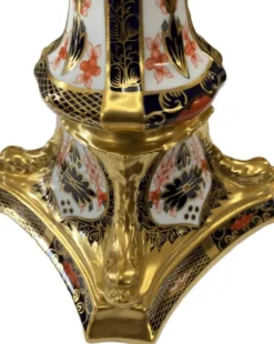 New Royal Crown Derby Old Imari Solid Gold Band Dolphin Candlestick - Large Royal Crown Derby